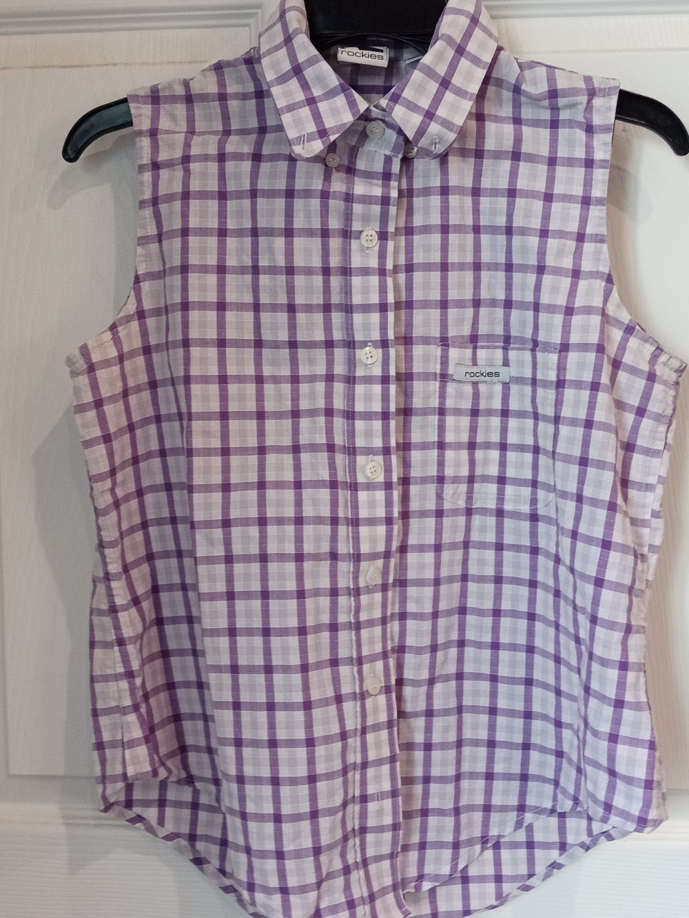 Rockies Girls' Sleeveless White and Purple Plaid Button-Up Top